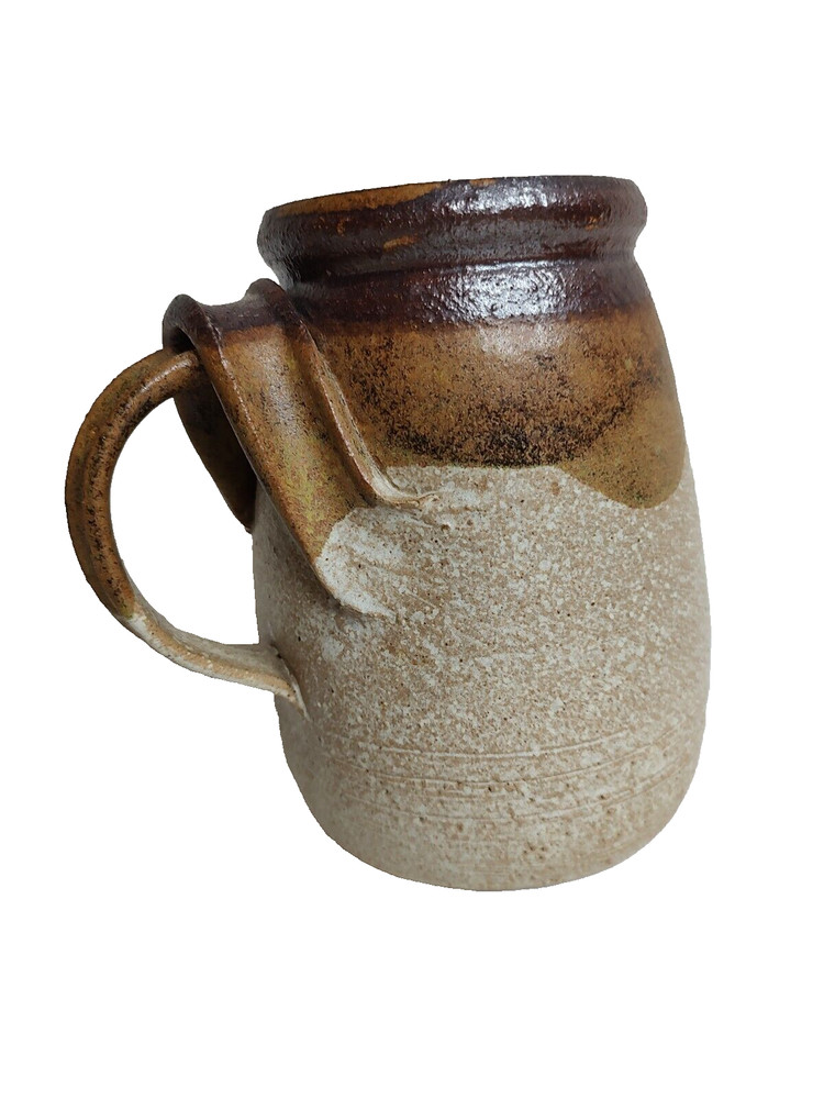 Art pottery pitcher Unusual applied overlapping handles 7" Signed