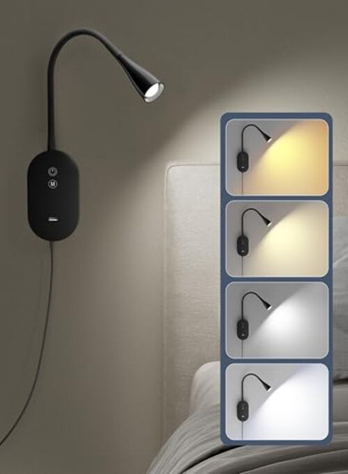 Wall Reading Light for Bed – 4 Color Modes, 5‑Level Dimmable Reading Black