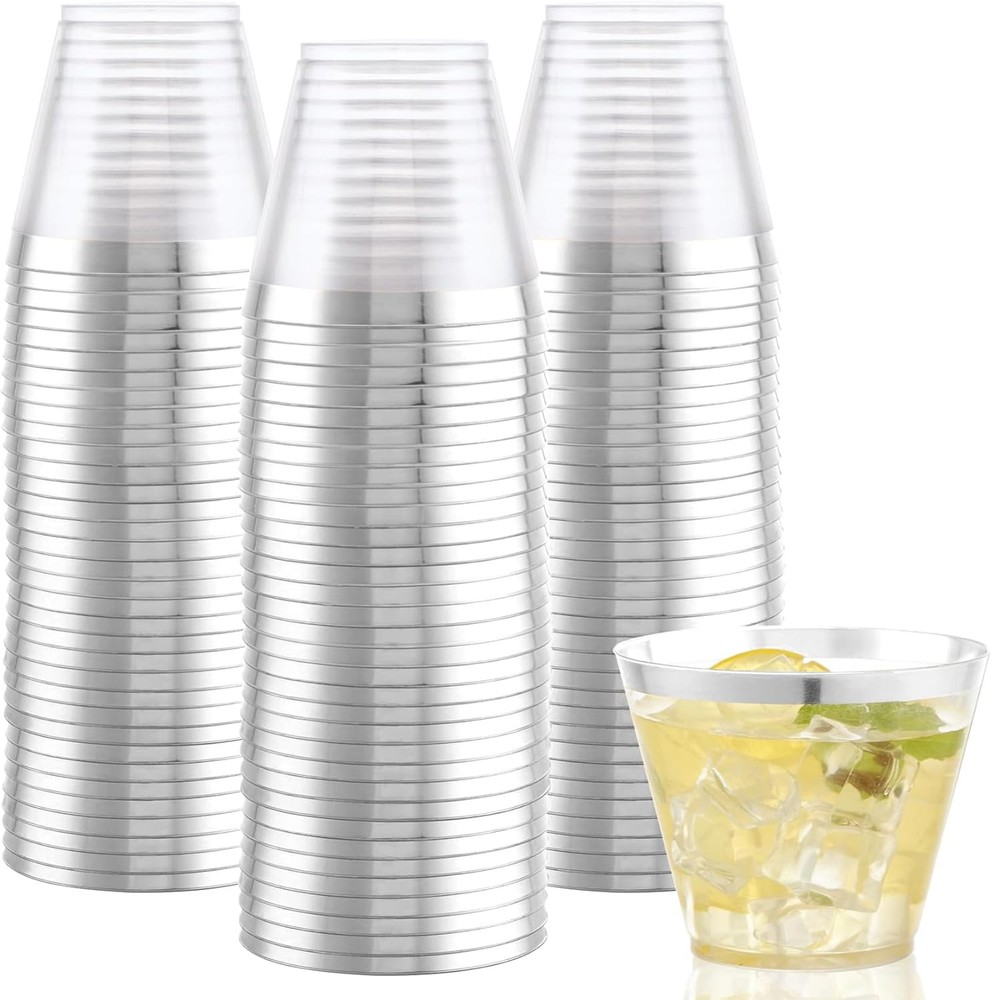 Clear Plastic Cups with sier Trim - Plastic Disposable Cups,