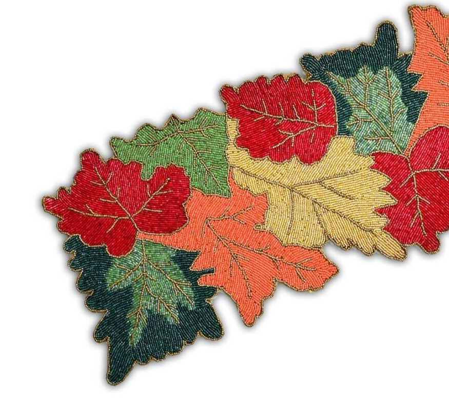 Multicolor Leaves Table Runner Beaded Fall Table Runner Autumn Tableware 13X36In