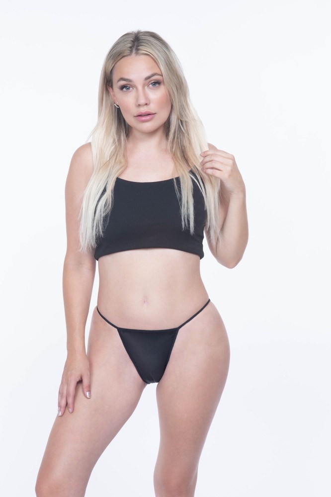 Satin String Bikini Scrunch Butt Black L/7