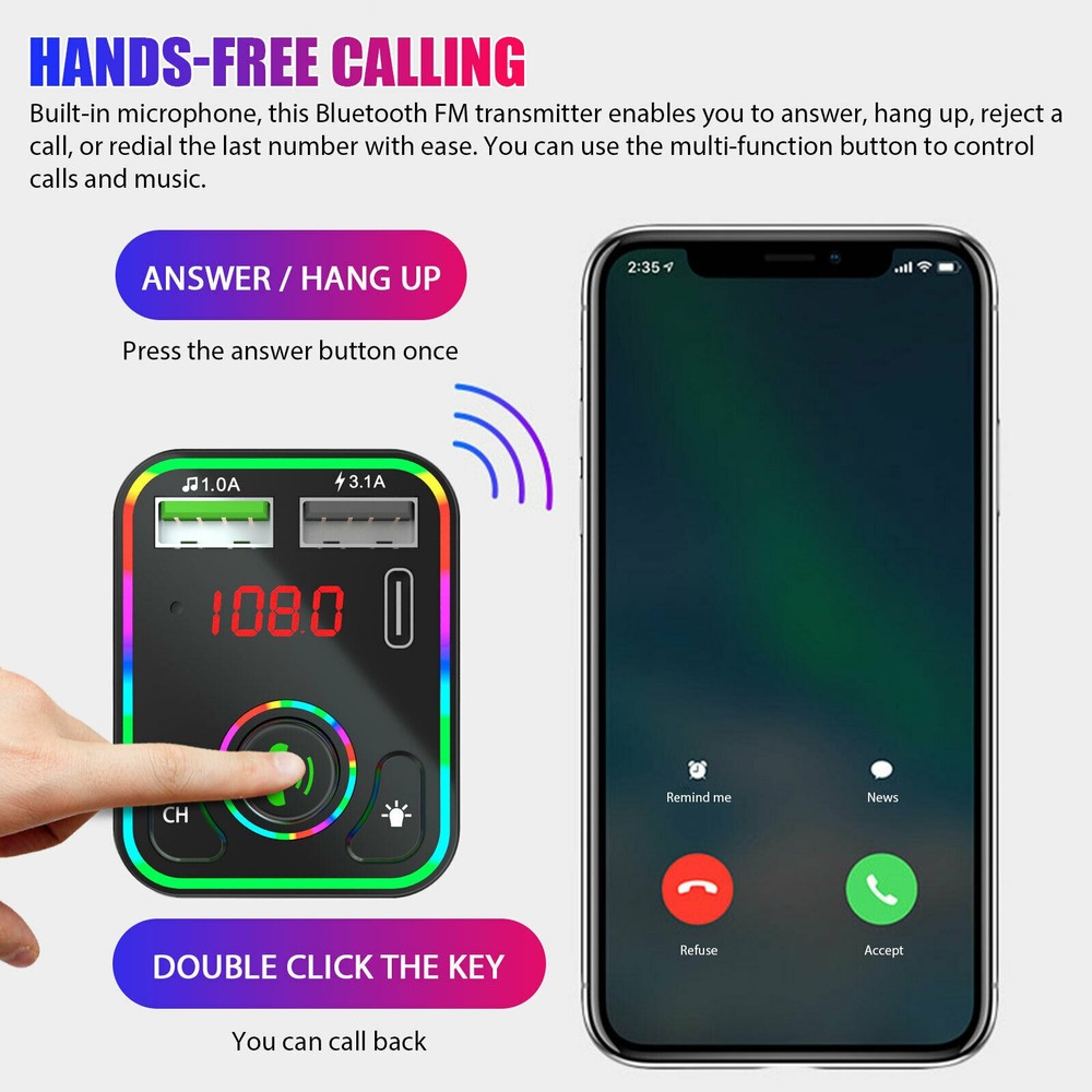 Bluetooth 5.0 Car Wireless FM Transmitter MP3 Player 2 USB PD Charger Adapter