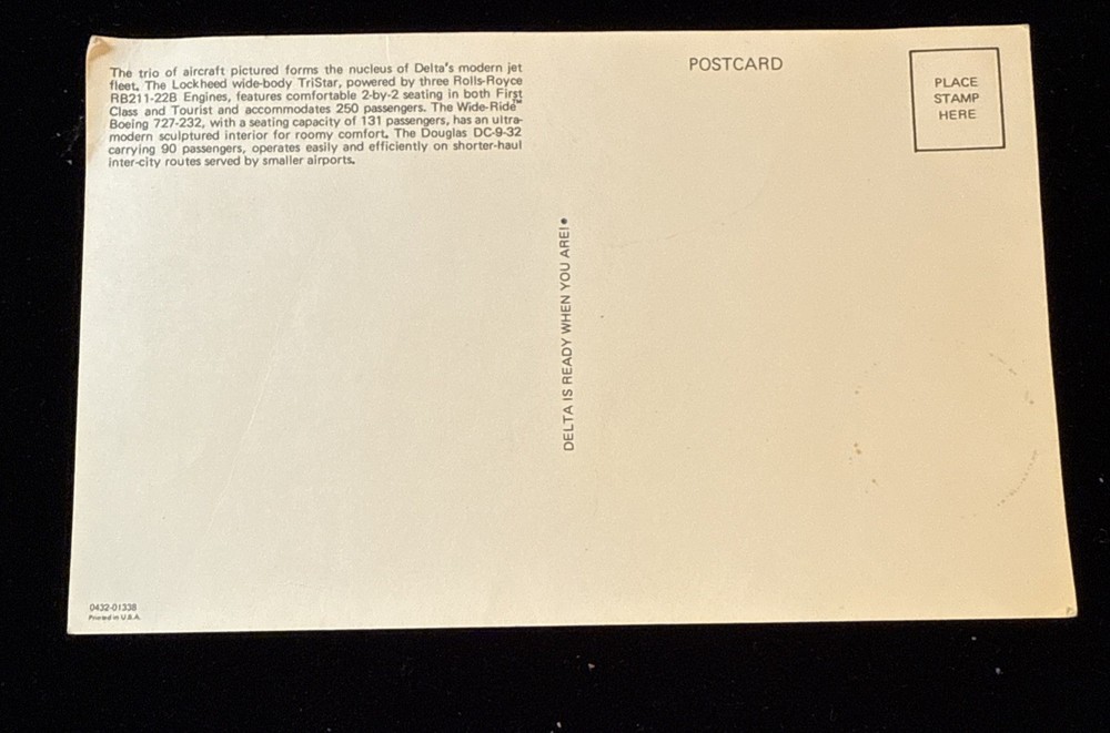 Postcard Delta Airlines Oversize Lockheed Tri-Star Boeing 727-232 DC-9-32
