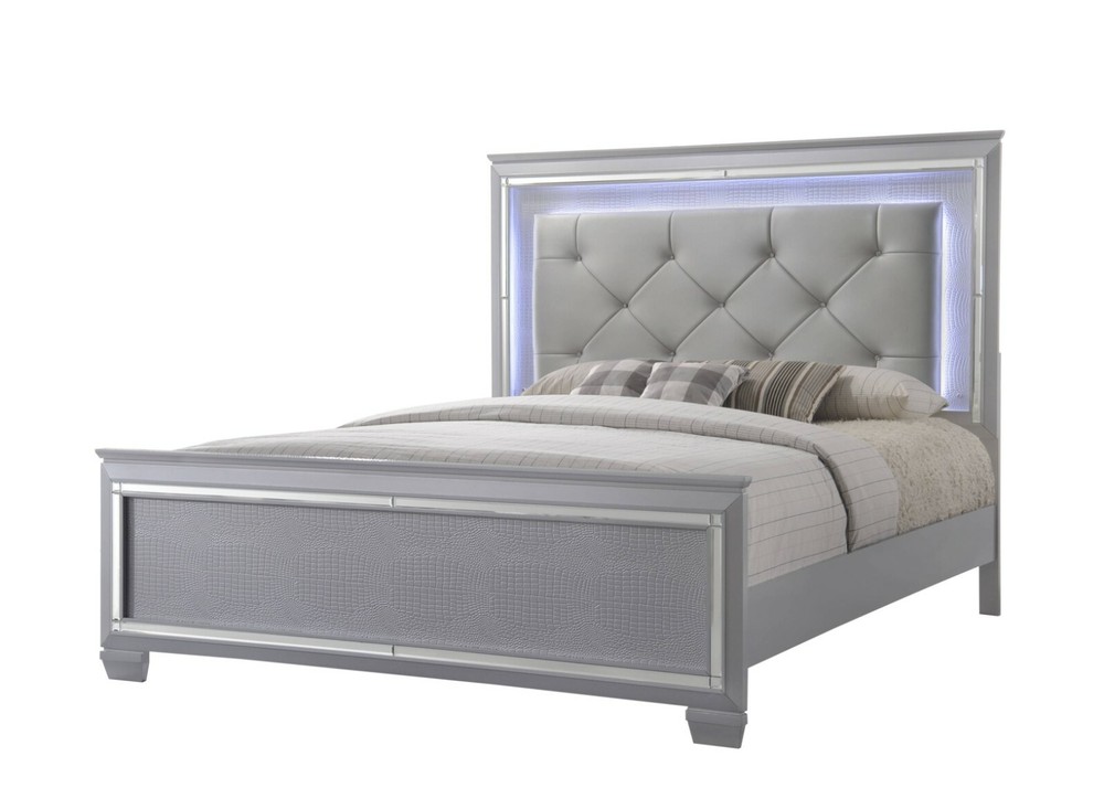 5pc Modern Beautiful Queen Size LED Upholstered Bed Set Silver Crocodile Finish