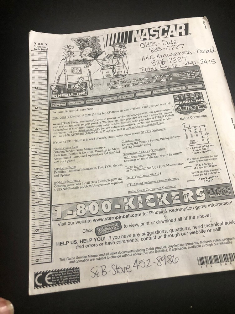 Nascar Pinball Service Manual Preowned