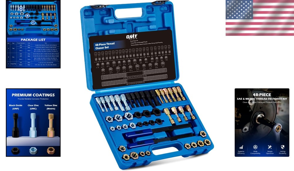 Durable 48-Piece Metric & SAE Thread Restorer Set with Organized Storage Case