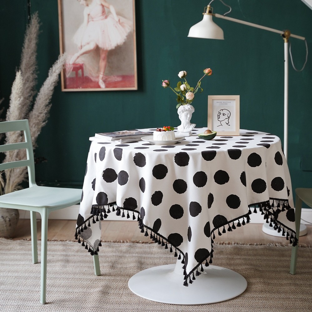 Round Tablecloth Tassel Black White Printed Oval Dot Rectangular Table Cloth