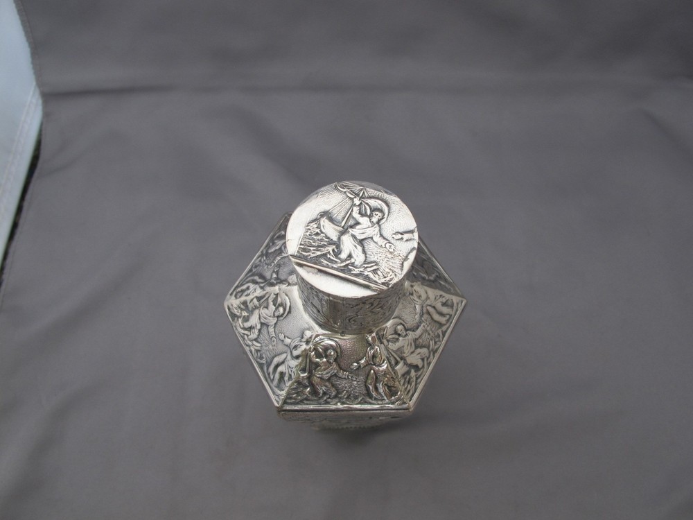 Antique DUTCH 835 Silver Repousse TEA CADDY-Hexagonal Form