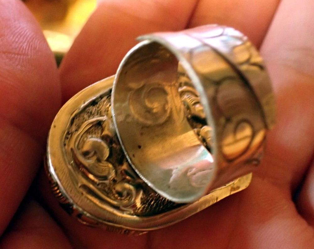 Large Labradorite Buddha Face in Tibetan Silver Ring. adjustable