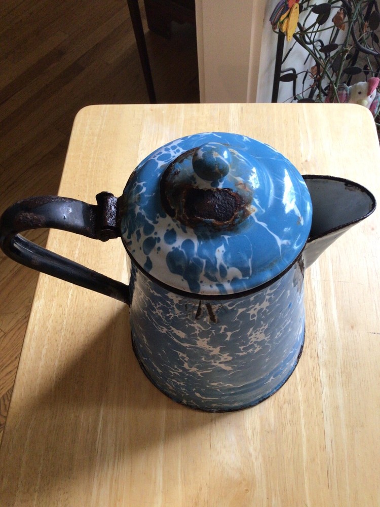 Blue Speckle enamelware kettle Pot for Display Artificial Flower Arrangements