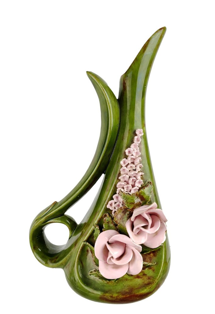 Vtg Ceramic Double Loop Handle Pitcher 12.5" Green w/ Applied Pink Flowers