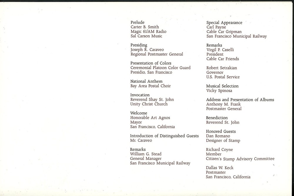 US FDC #2263 USPS Ceremony Program 1988 San Francisco CA Cable Car