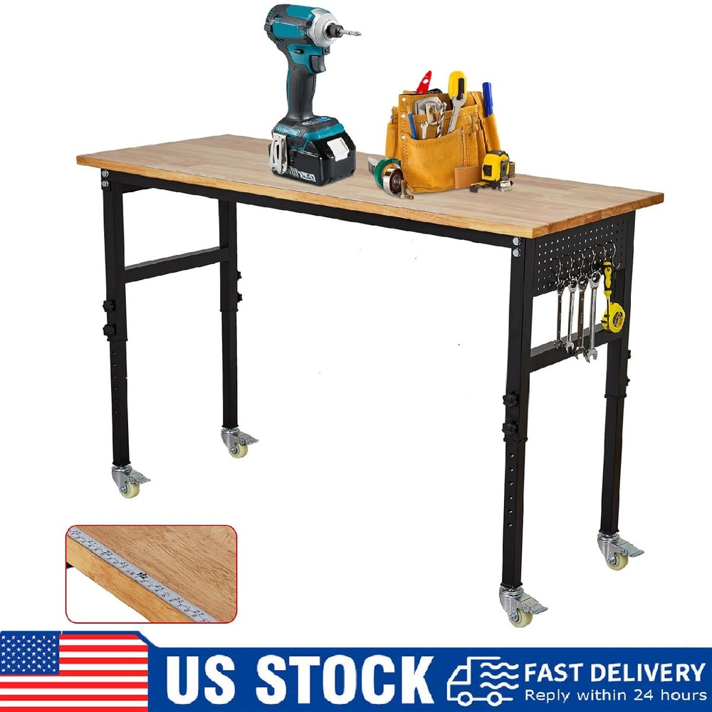 48" Adjustable Workbench 2000Lbs Load Work Bench for Garage w/ Pegboard & Wheels