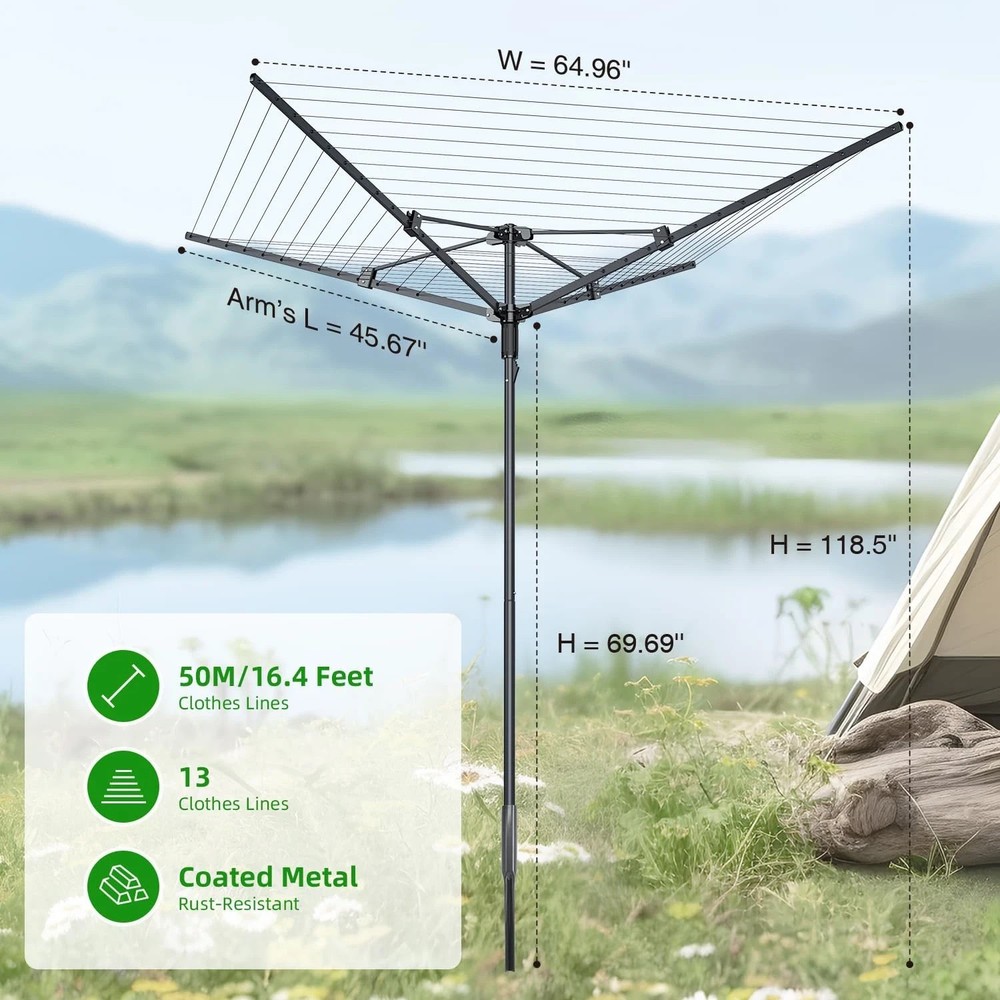 Adjustable Outdoor Rotary Clothes Drying Rack - 12 Lines, 165ft Space