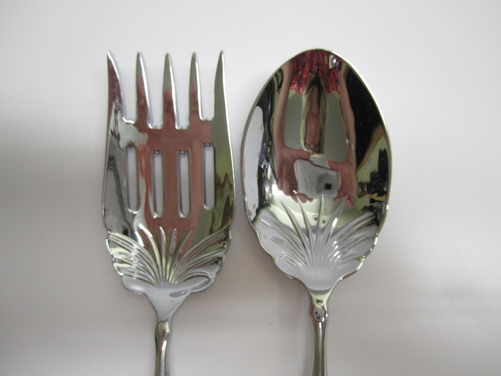 2 Saints Silver Serving Salad Fork & Spoon Set Ornate Black & Crystal Handles