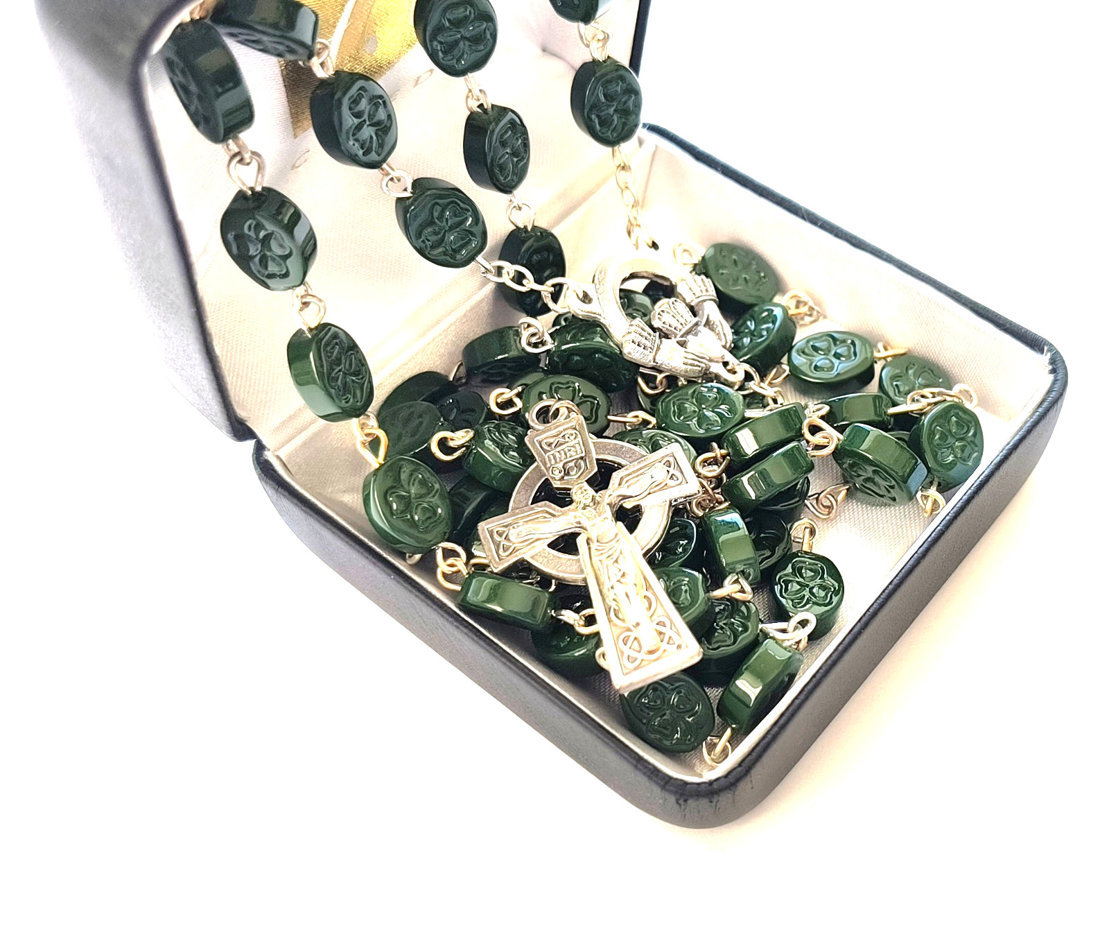 Irish Claddagh Rosary Green Shamrock Beads Celtic Crucifix Gift Boxed Catholic