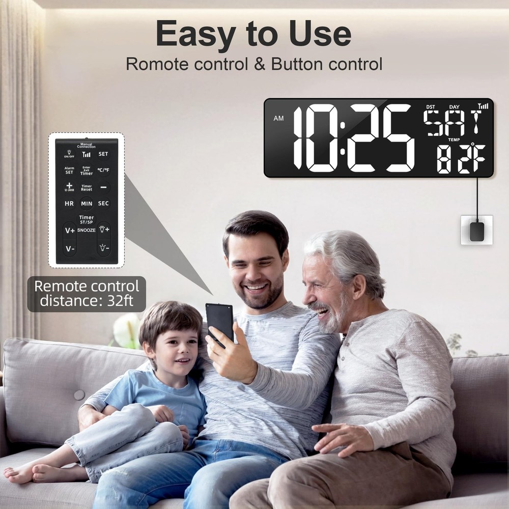 XREXS 17.2" Digital Wall Clock with Remote Control, Bluetooth Sync Time LED D...