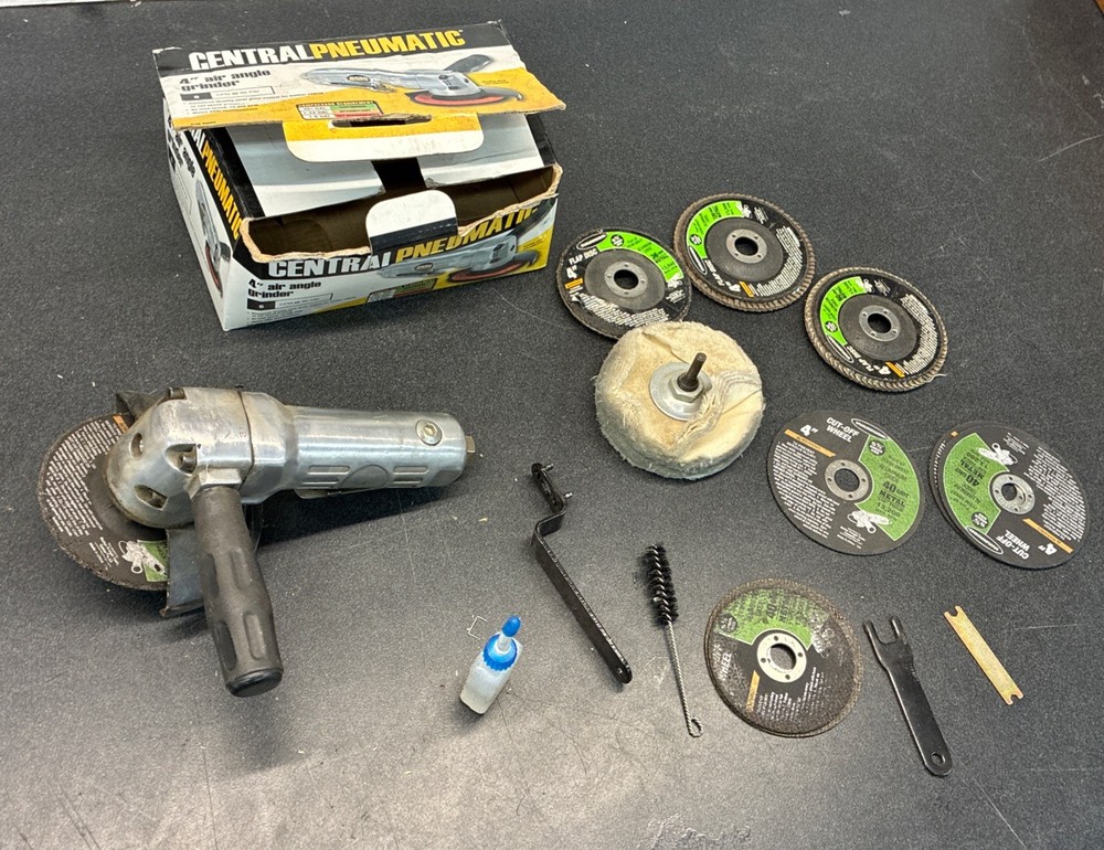CENTRAL PNEUMATIC AIR GRINDER 4” + Handle + Accessories Wheels Tools Used