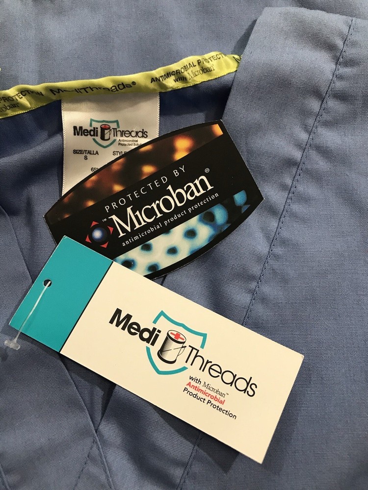 Medi Threads V-Neck Scrub Antimicrobial Top Size Small Blue