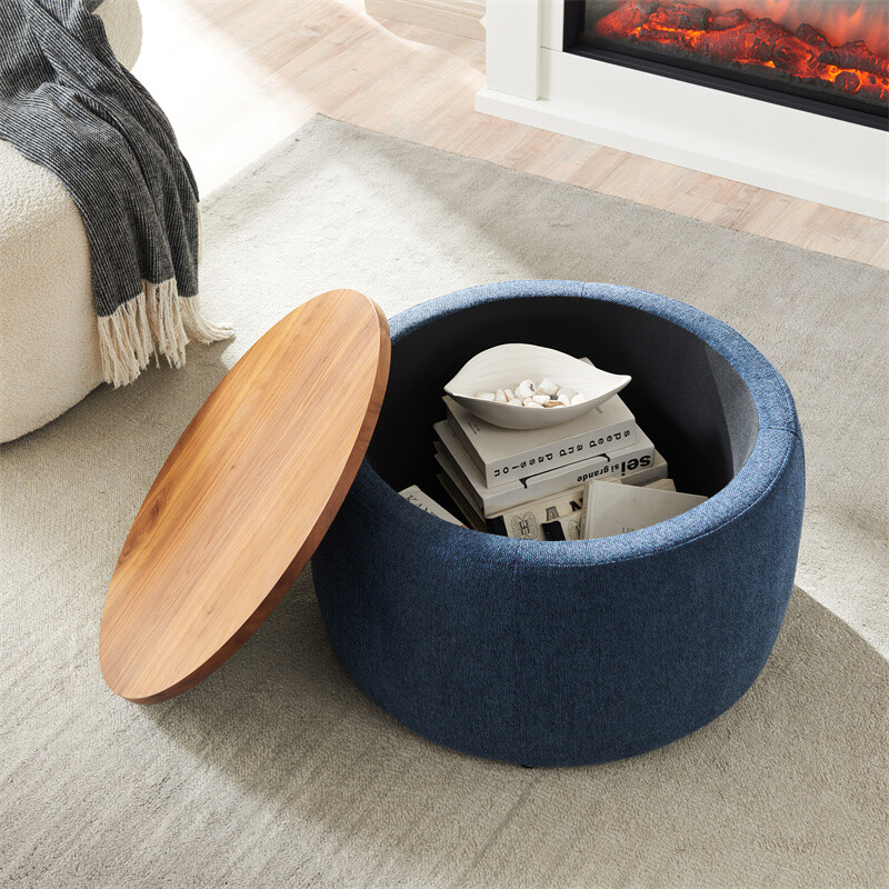 Round Storage Ottoman, 2 in 1 Function, Work as End table & Ottoman-Navy
