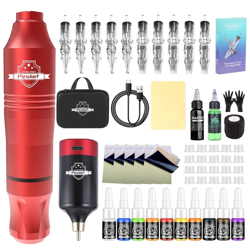 Beginner Wireless Red Tattoo Machine Kit Includes Power Supply Needles and Ink