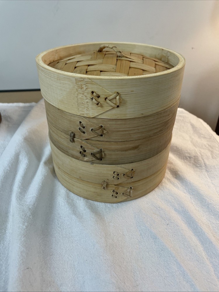 2 Tiered Bamboo Stackable Steamer with Lid 6 Inch Diameter 1.5 Inches Deep
