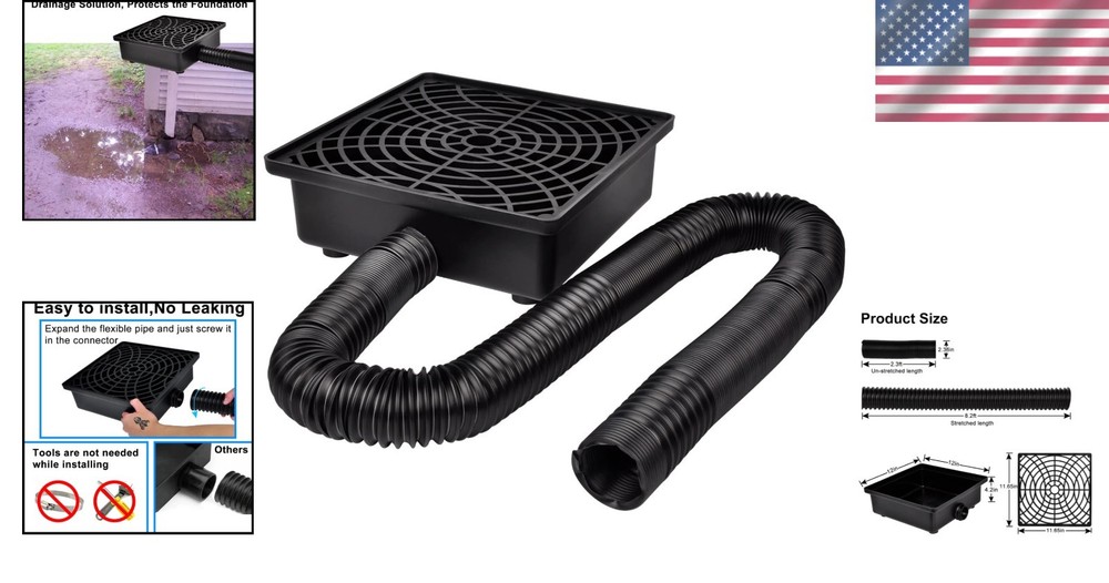 12"x12" Low Profile Catch Basin Extender with 8.2ft Flexible Pipe Solution