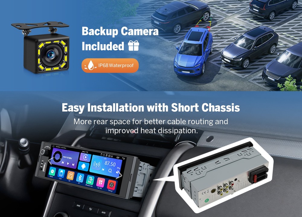 Single 1 DIN 6.36" Touchscreen Stereo Wireless CarPlay Android Auto w/ Bluetooth