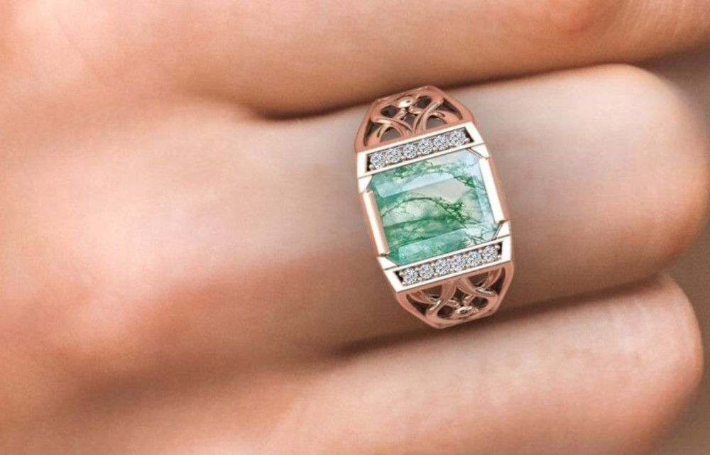 Handmade 925 Sterling Silver Moss Agate Ring, Rectangular Gothic Statement Ring
