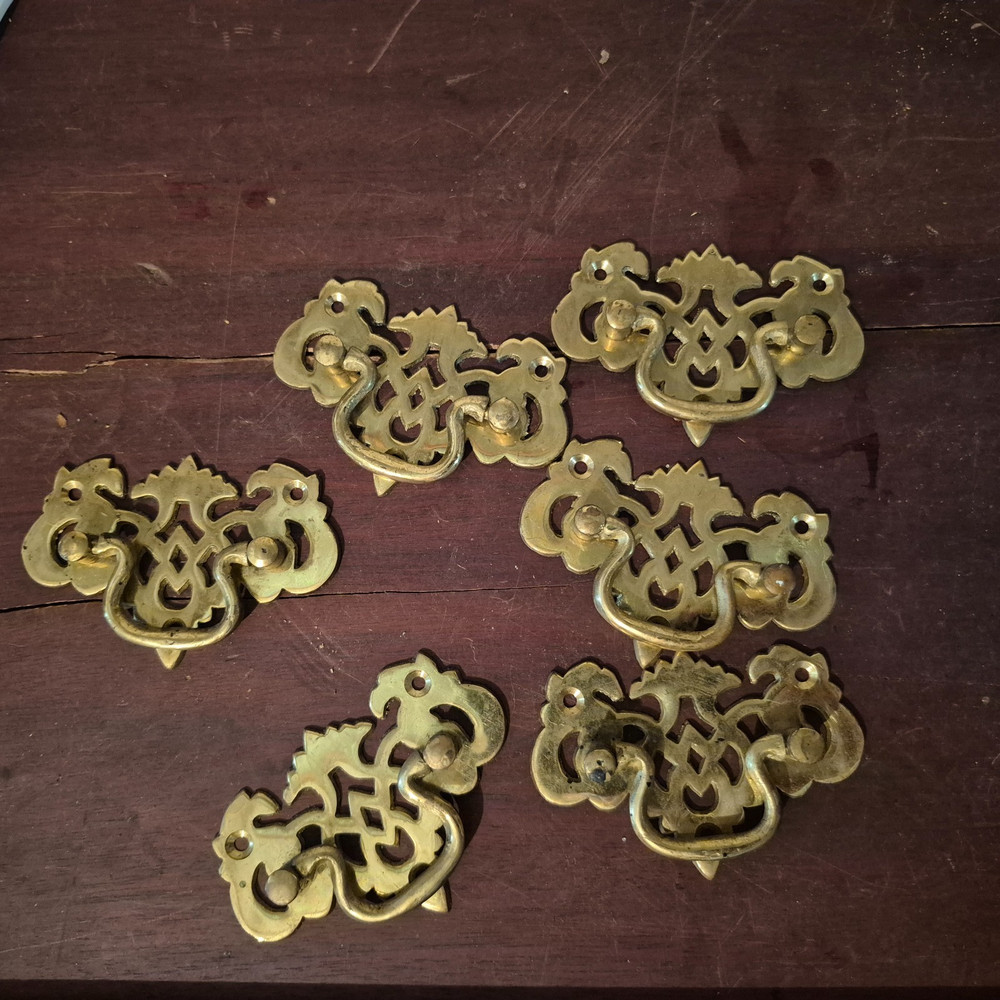 6 Brass Chippendale Drawer Pulls Reproduction Handles Pierced Bat Wing 1