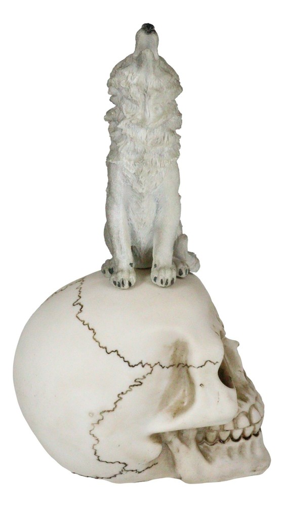 Gothic Full Moon Howling Gray Wolf Sitting On Graveyard Macabre Skull Figurine