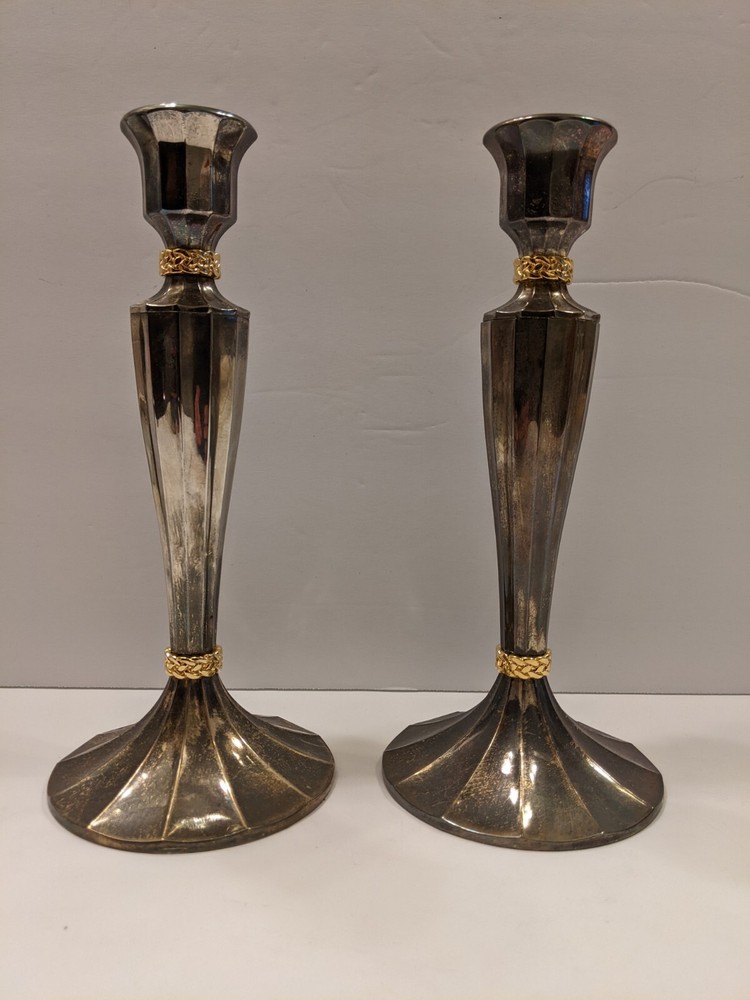 Silver Plated 12 Sided Ring Braided 8.5" Candlesticks