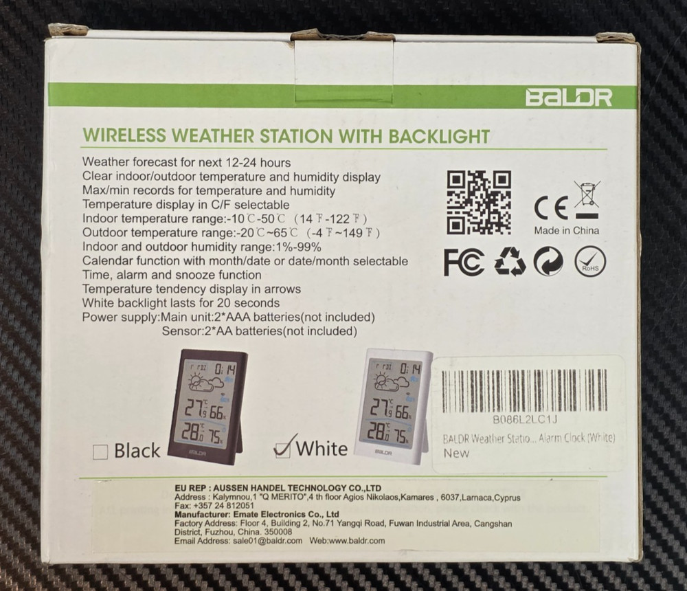 BALDR Black Wireless Weather Station With Backlight White *Open Box