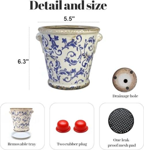 Vintage Planter Flower Pot Rustic Container with Handle Ceramic Ice Crack Blue