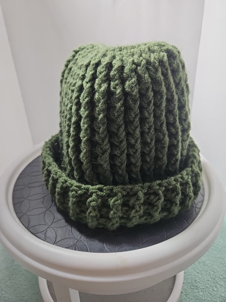 Crocheted Handmade Hat With Top Hole for Ponytail. Green