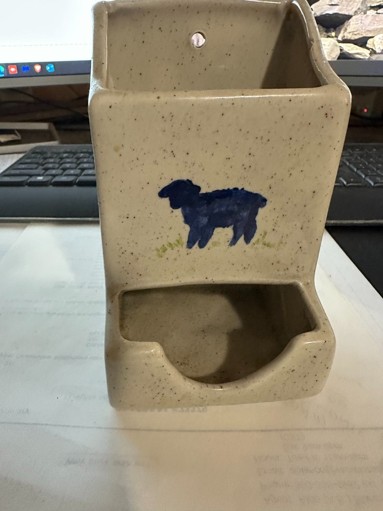 Match Holder Ceramic Wall Mount with Blue Lamb In Grass