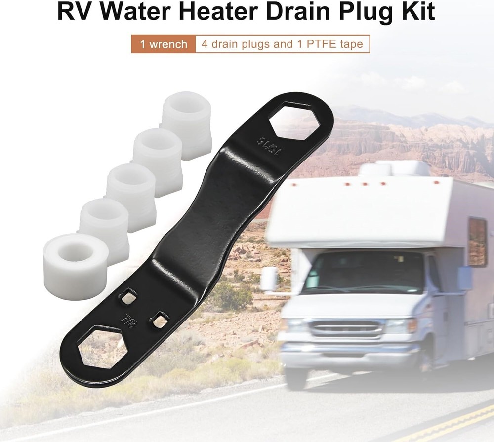 Water Heater Drain Plugs & Angled Wrench for RV Camper Fits 7/8" 15/16" 1/2" NPT