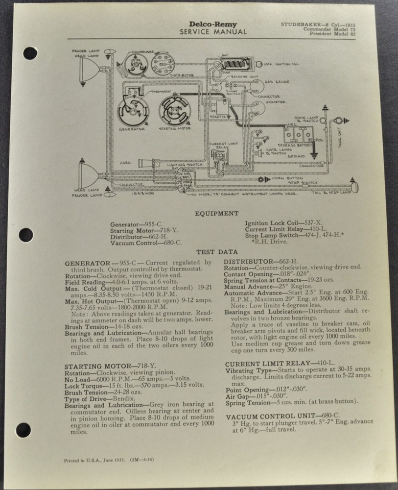 1933 Studebaker Wiring Diagram 8-Cylinder Commander President Excellent Original