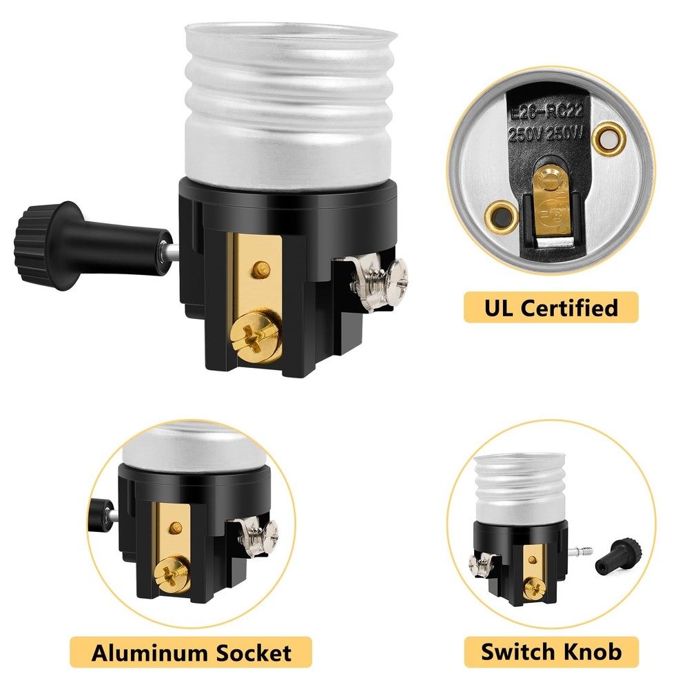 UL Listed E26 Light Socket ，Baocuz Lamp Replacement with ON/Off Black