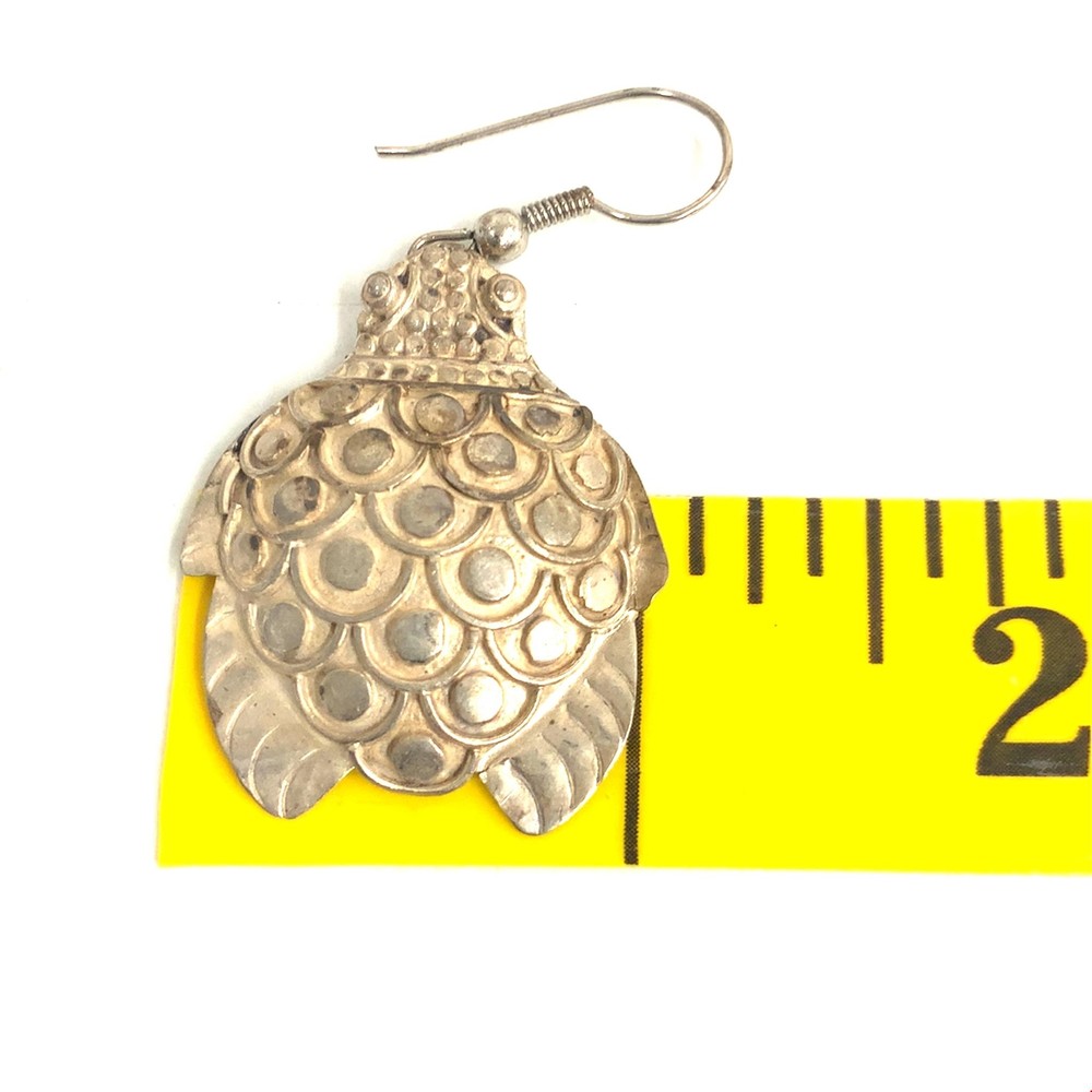 Vintage Signed Sterling Handcraft Bali Design Turtle Drop Dangle Hook Earrings
