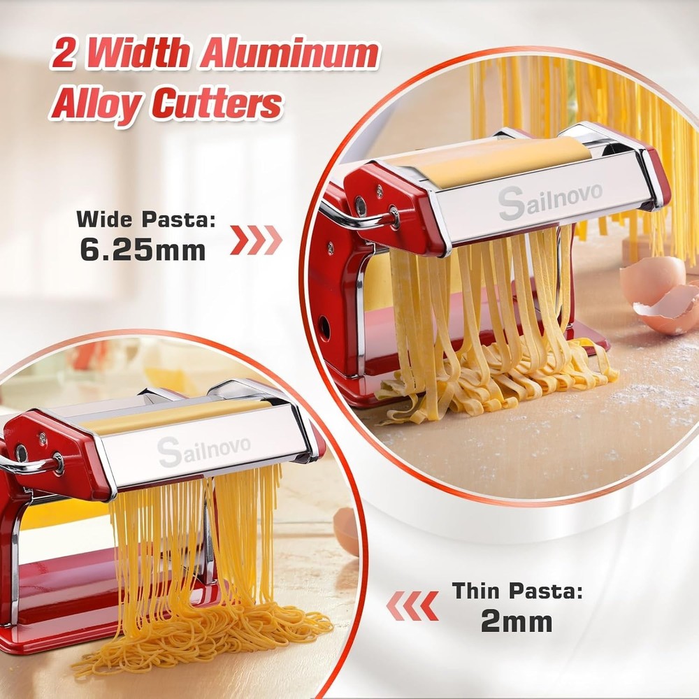 Red 180 Roller Manual Pasta Maker Machine with 9 Thickness Settings