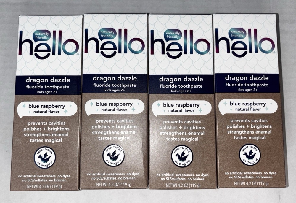 4~hello Dragon Dazzle Kids Fluoride Toothpaste, Blue Raspberry 4.2 oz Exp 1/27