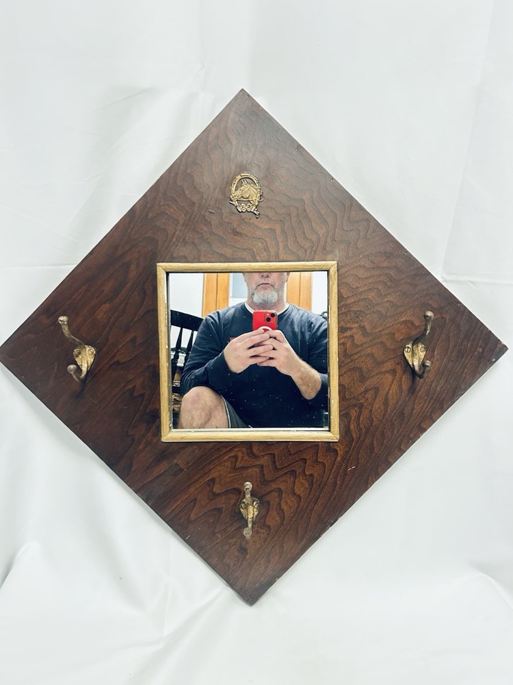 Antique Victorian Style Diamond framed Walnut mirror W/Three Hooks Western Theme