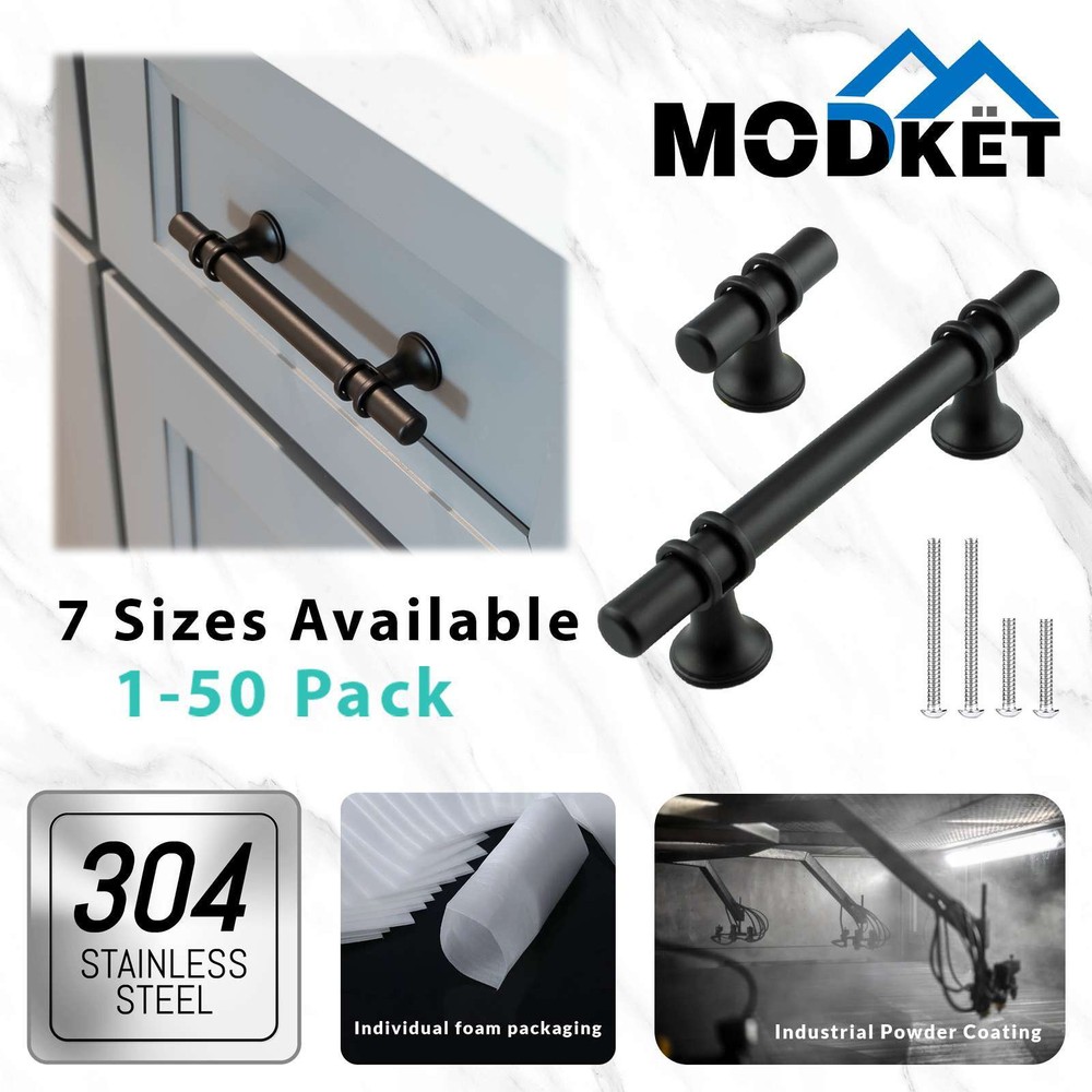 Black Modern Round Cabinet Handles Bar Pull Knobs Kitchen Drawer Stainless Steel