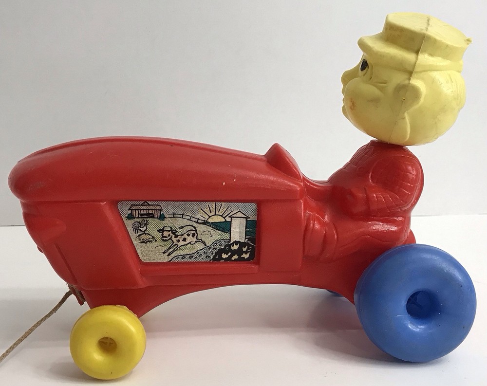 Empire Tractor & Farmer Bobble Head Pull Toy Blow Mold Original Pull String READ