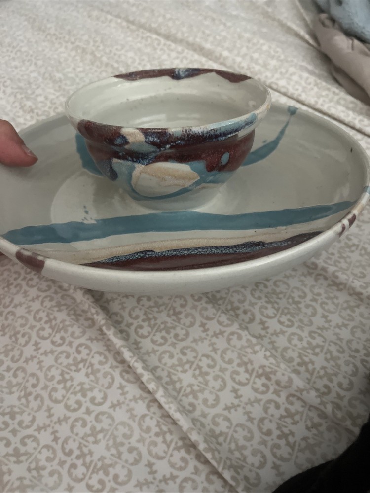 Studio Signed Art Dip And Chips Platter Stoneware Abstract Colors