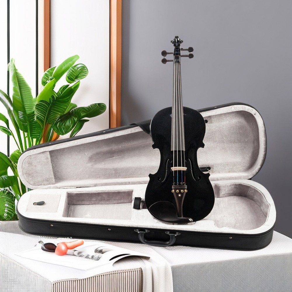 Black 4/4 Full Size Solid Wood Violin Set w/ EQ, Shoulder Rest, Electronic Tuner