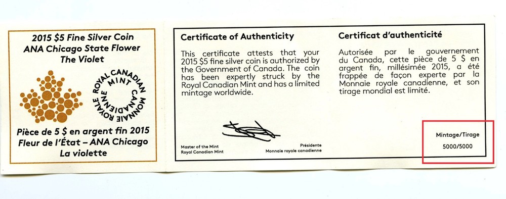 2015 $5 CANADA 1OZ SILVER MAPLE LEAF CHICAGO ANA CERTIFICATE OGP 5000/5000