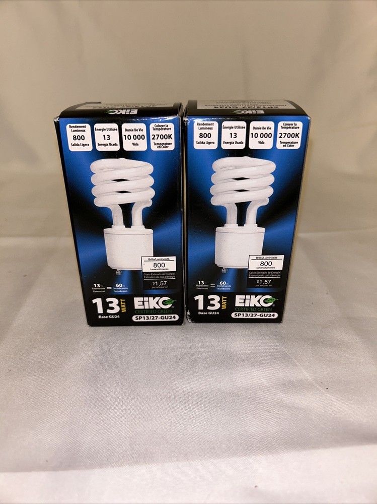 EIKO SP13/27-GU24 -13 Watt Spiral Fluorescent Bulb GU24 Base 2700K Warm Lot of 2