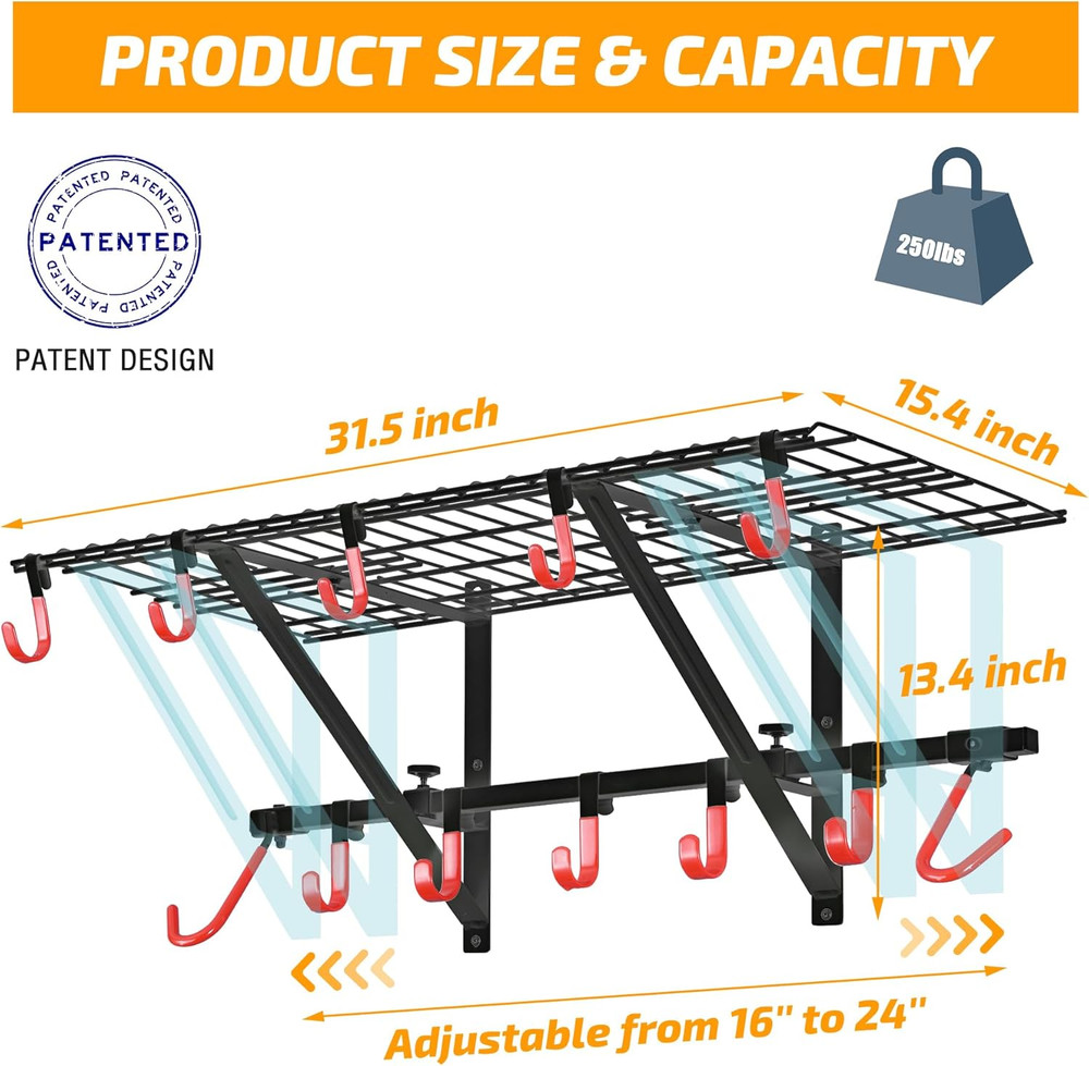 Garage Wall Shelving Includes Bike Hooks, Sturdy Adjustable Garage Shelving Wall